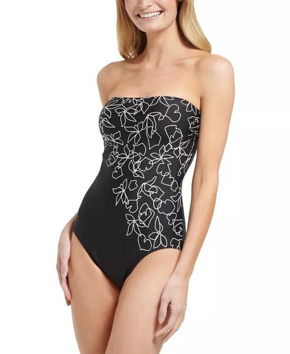NWT Calvin Klein Black Floral Bandeau One Piece Swim Bathing Suit Womens Size 14